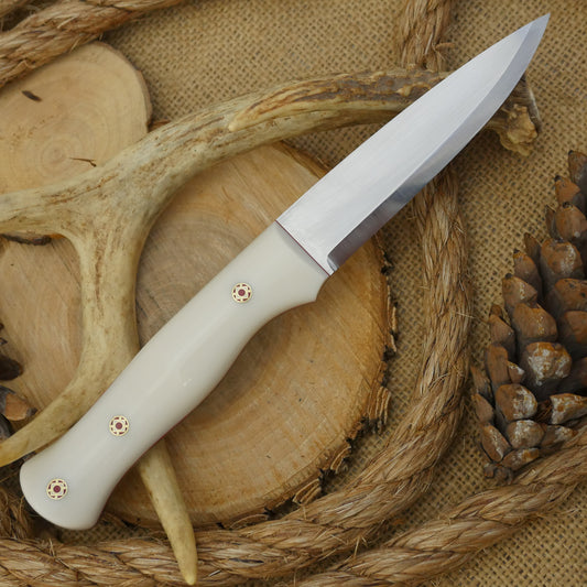 CPM 154 Mountaineer: Bone Corian, Cinnamon Liners & Mosaic Pins - Adventure Sworn Bushcraft Co.