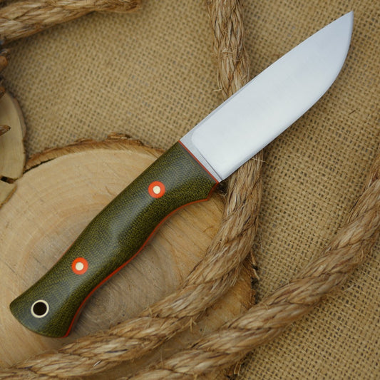 Huntsman: Green Canvas Micarta, Orange Liners & Orange G10 Bolts - Adventure Sworn Bushcraft Co.