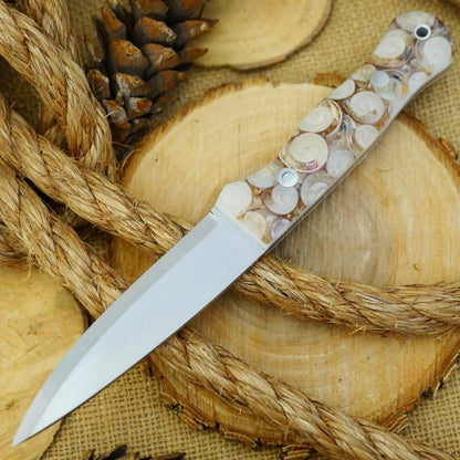 CPM 154 Mountaineer: Cast Seashells & White Acrylic - Adventure Sworn Bushcraft Co.