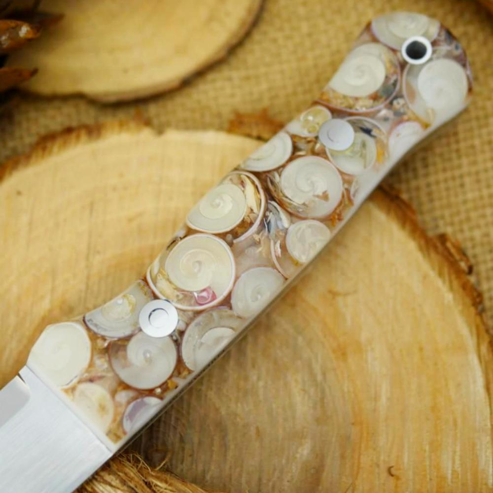 CPM 154 Mountaineer: Cast Seashells & White Acrylic - Adventure Sworn Bushcraft Co.