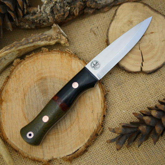 Mountaineer: Green Canvas Micarta, Black Canvas Bolster & Ironwood Burl