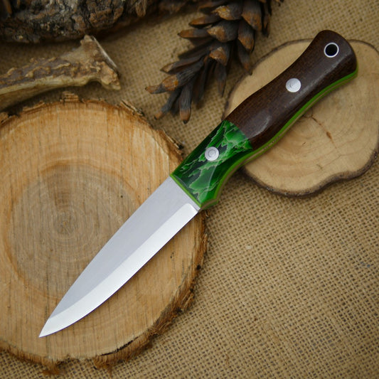 Mountaineer: Dark Brown Burlap Micarta & Green Raffir Stripes